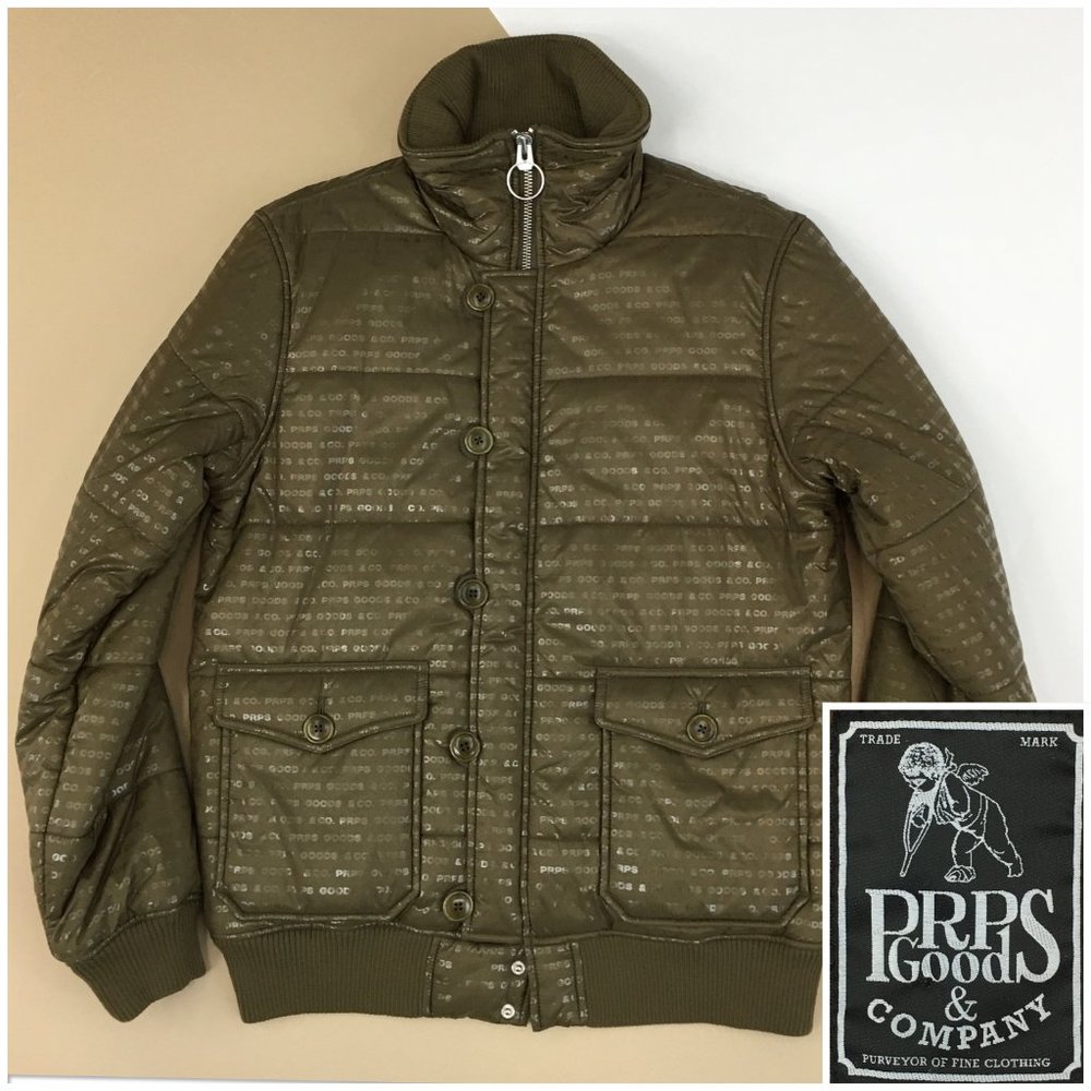 PRPS Mens Jacket Puffer Coat Size L Nylon Full‎ Zip Button All Over Spellout